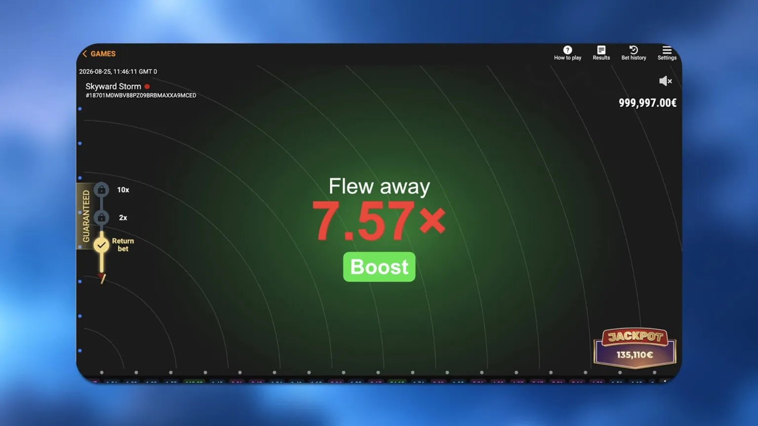 Skyward Storm: BetGames' own image of the end of a flight: Flew away at 7.57x in red above...