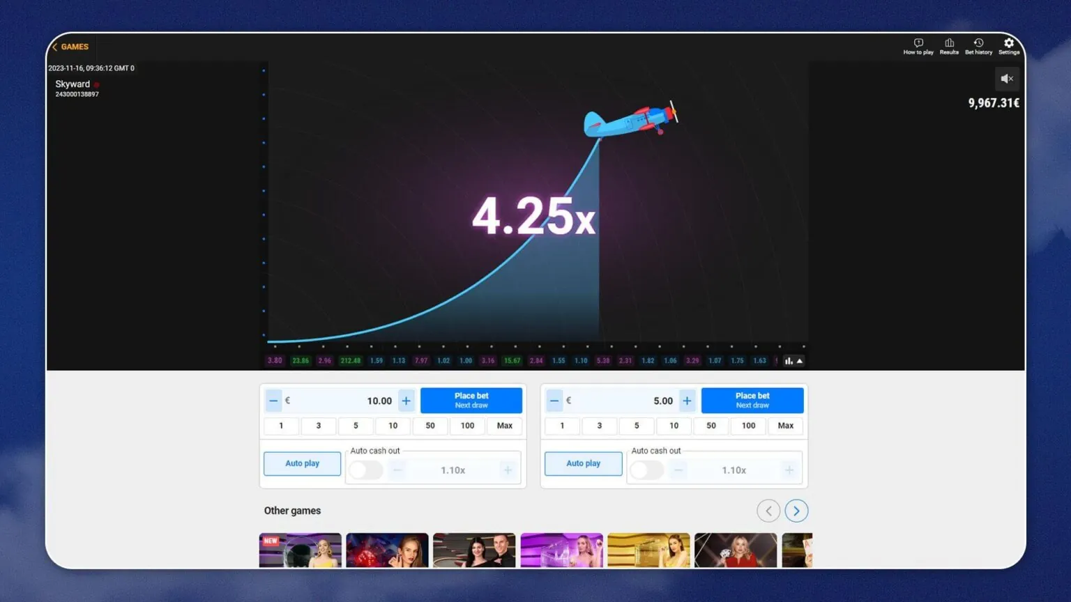 Skyward: BetGames' own image of Skyward on a desktop screen: the plane at 4.25x over...
