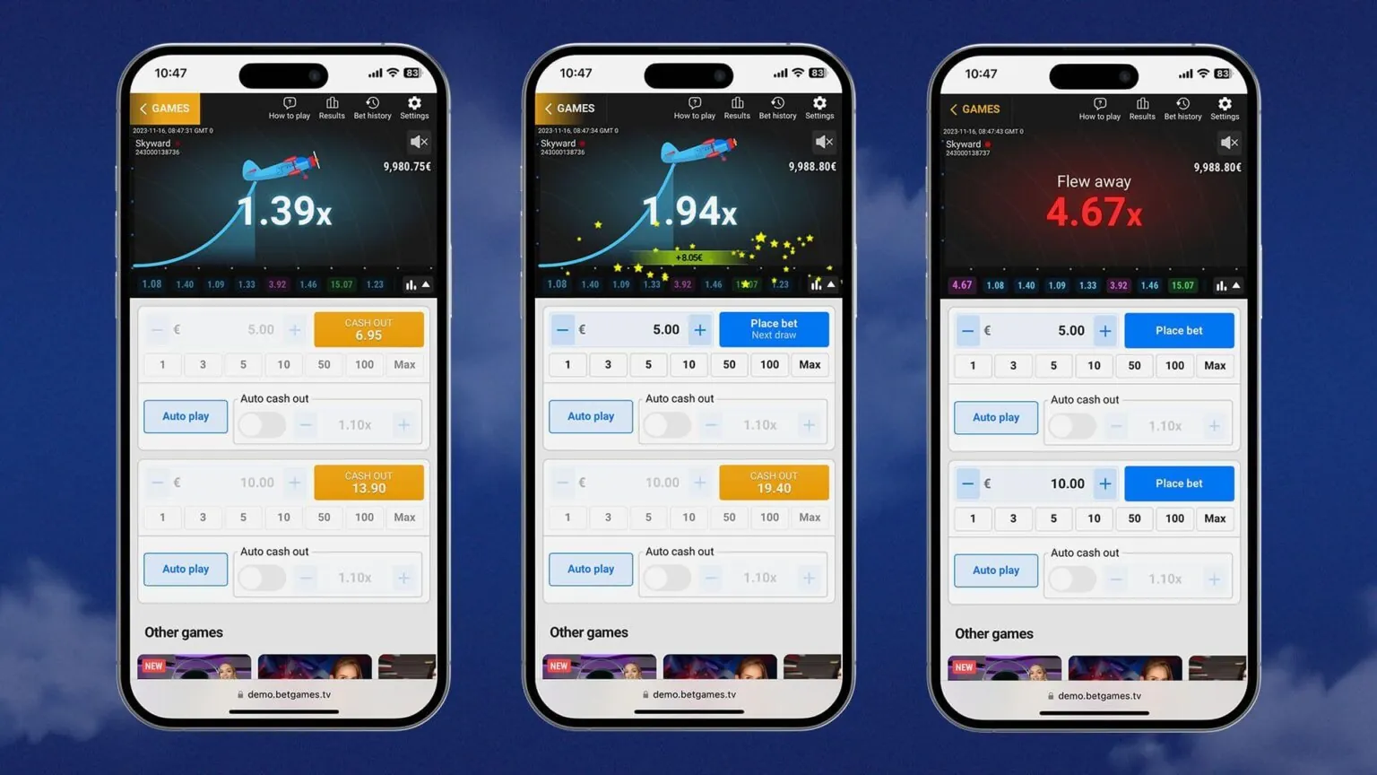 Skyward: Three phone screens in BetGames' own image: bets of 5 and 10 euros in flight...