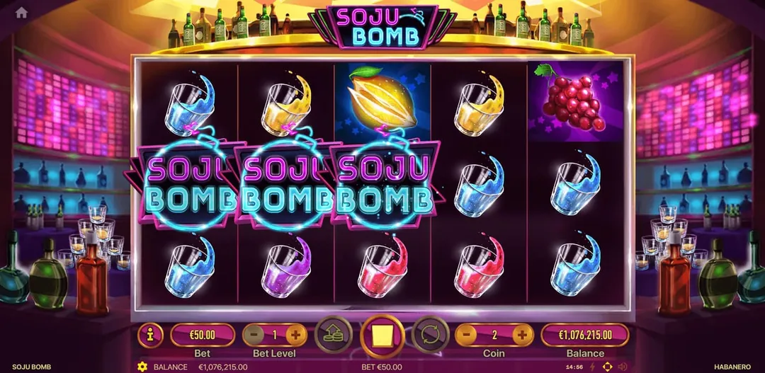 Soju Bomb: Habanero's shot of the base game: three SOJU BOMB scatters stand side by...