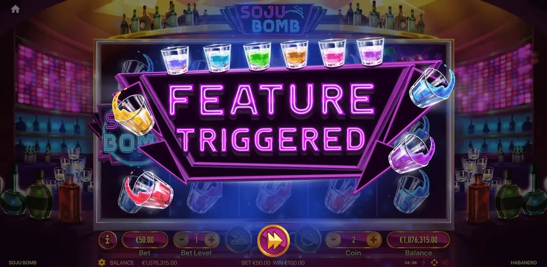 Soju Bomb: FEATURE TRIGGERED in pink neon letters over the dimmed reels, with a row of...