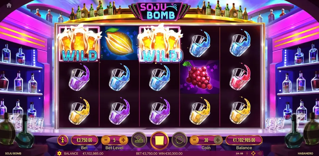 Soju Bomb: Two wild symbols, foaming beer glasses over the word WILD, on the top row of...
