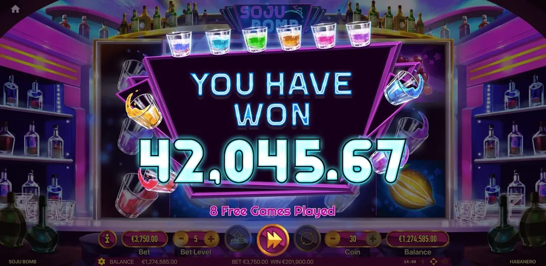 Soju Bomb: The end of a feature in Habanero's shot: YOU HAVE WON 42,045.67 over the...