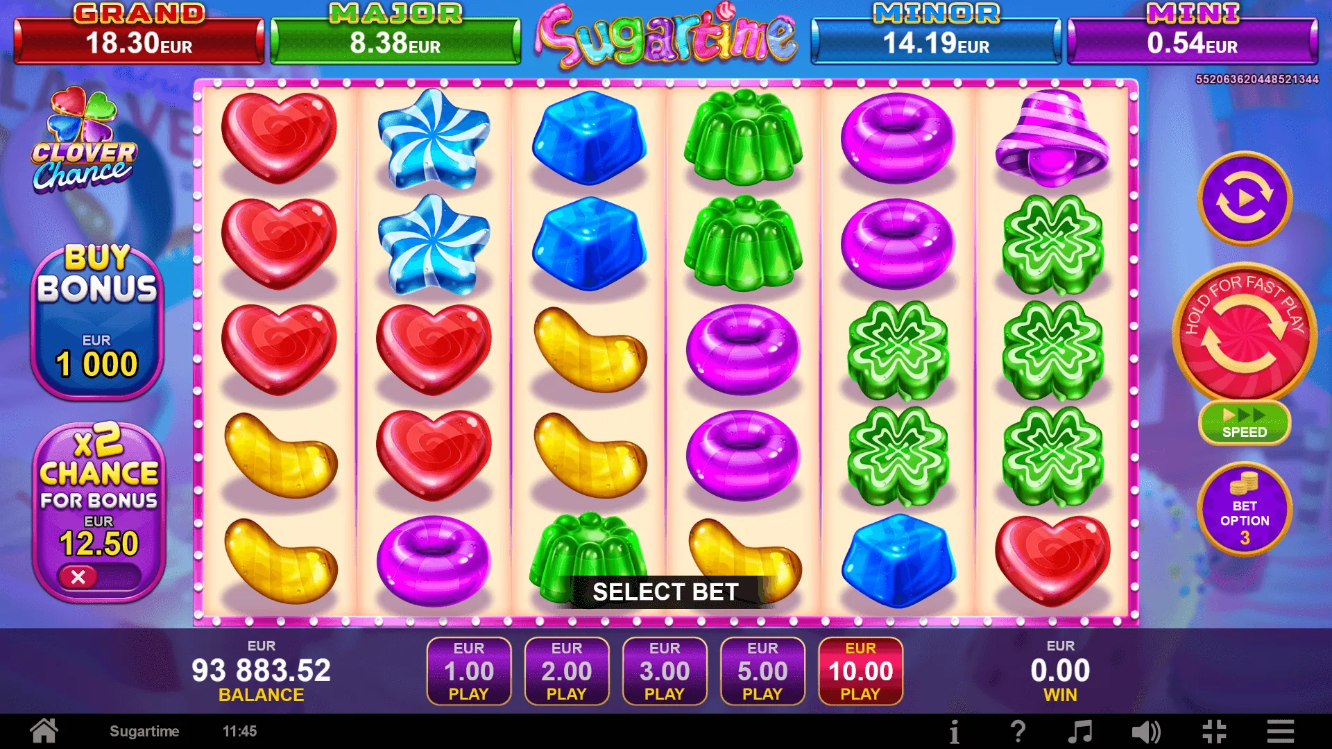 Sugartime: The base game on six reels of five rows of sweets. Panels on the left price...