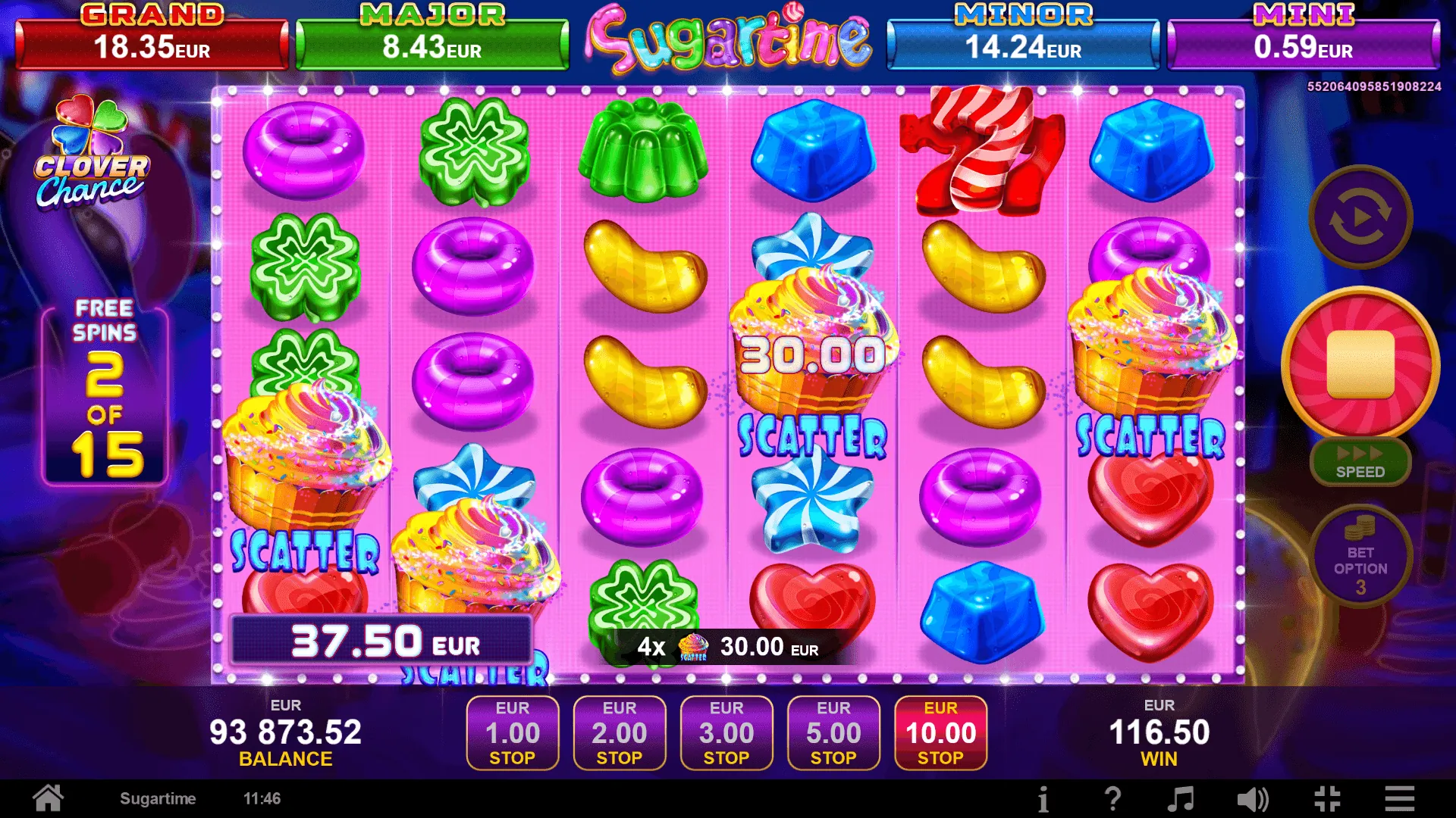 Sugartime: Four cupcake scatters, on reels one, two, four and six, during free spins:...