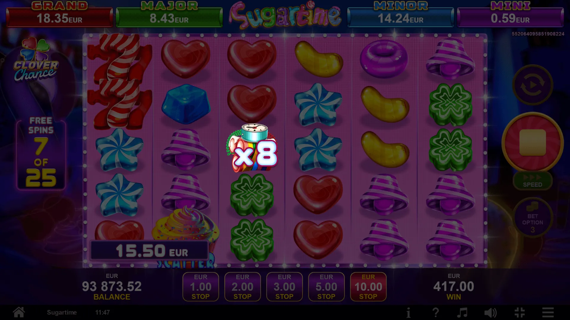 Sugartime: A multiplier symbol, a bundle of candy sticks wired to a clock, shows x8 on...