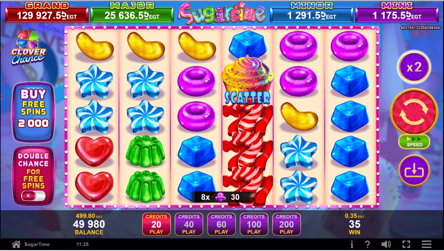 Sugartime: The message bar reads 8x, a purple bell and 30, and the WIN field 35 credits...