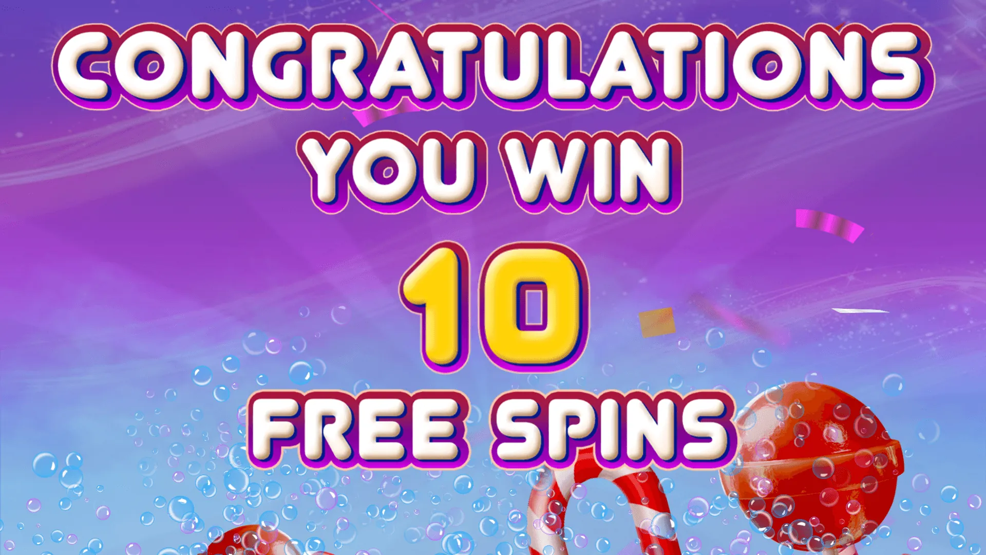 Sugartime: A CONGRATULATIONS YOU WIN 10 FREE SPINS banner over a purple sky with...