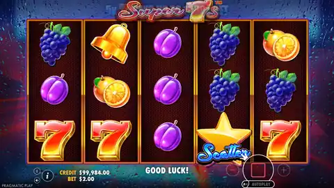 Super 7s: One spin of about five seconds at the demo's $2.00 bet: the reels stop left...