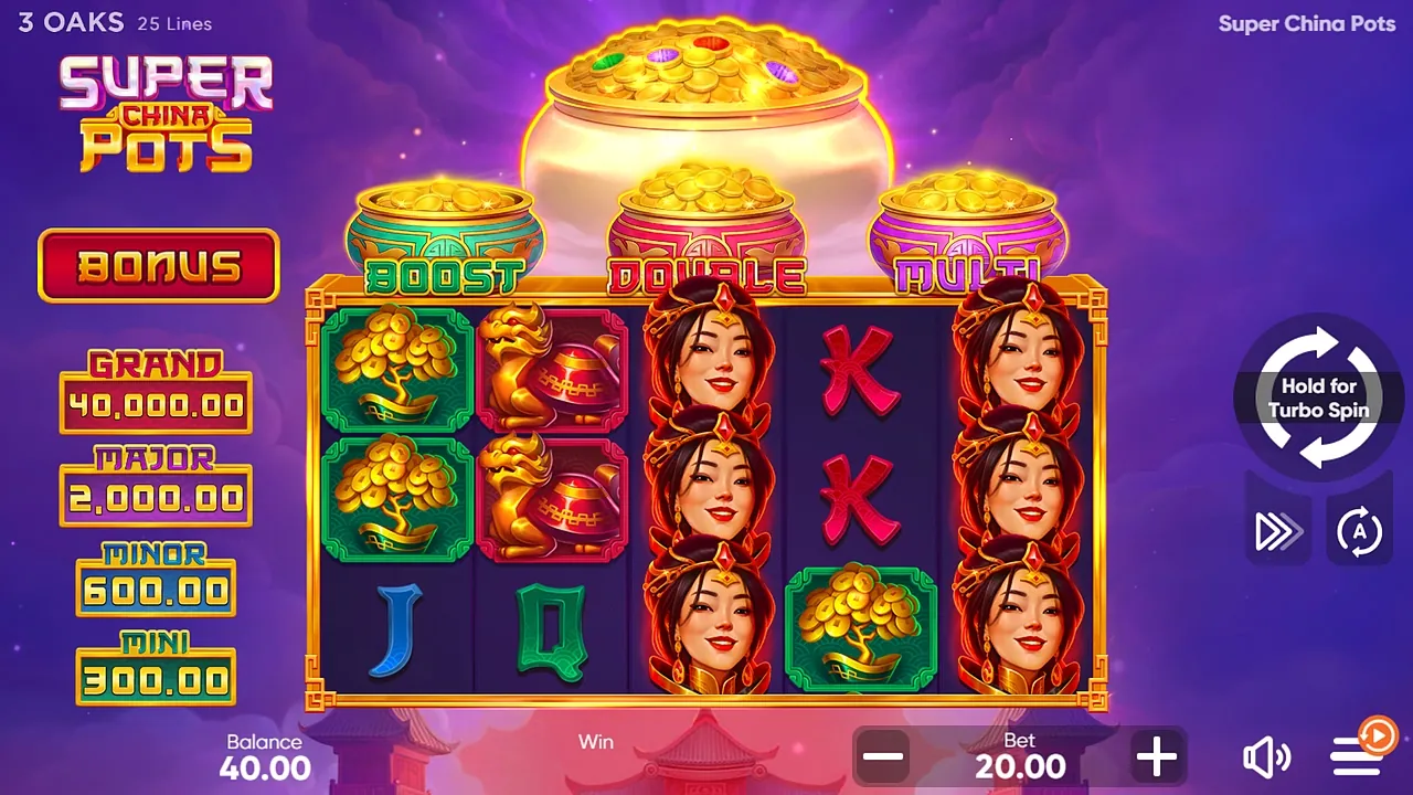 Super China Pots: The base game at a bet of 20.00: princess wilds stacked on reels 3 and 5,...