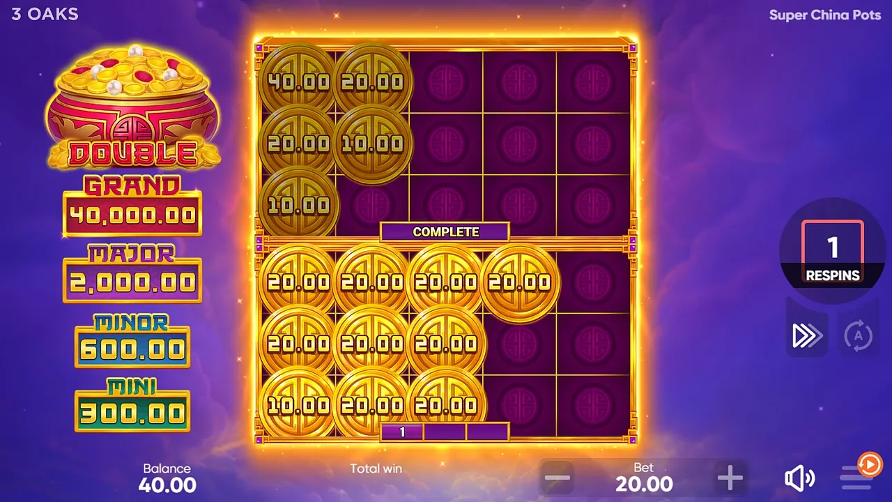 Super China Pots: A bonus round with the DOUBLE pot at top left, at a bet of 20.00: two...