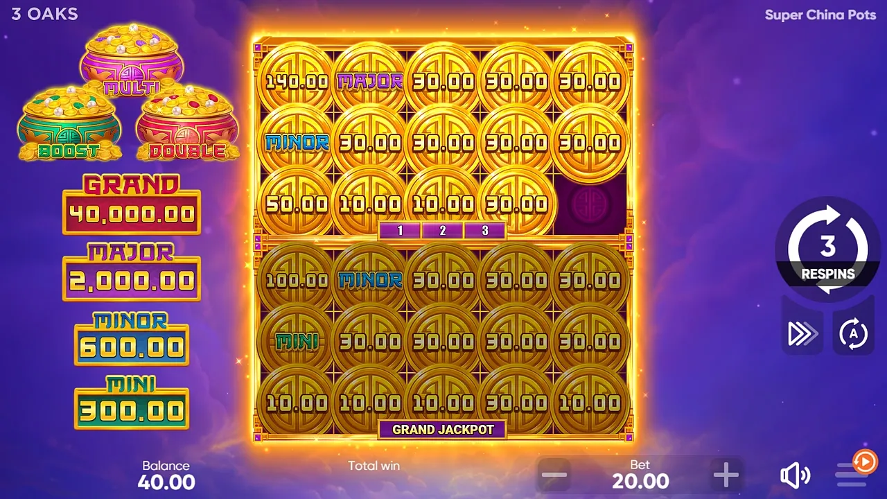 Super China Pots: A bonus round with the MULTI, BOOST and DOUBLE pots at top left: the lower...