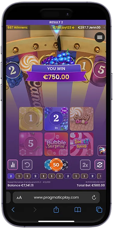 Sweet Bonanza CandyLand: Pragmatic's image of the game on a phone: RESULT 2 across the top, a ticker...