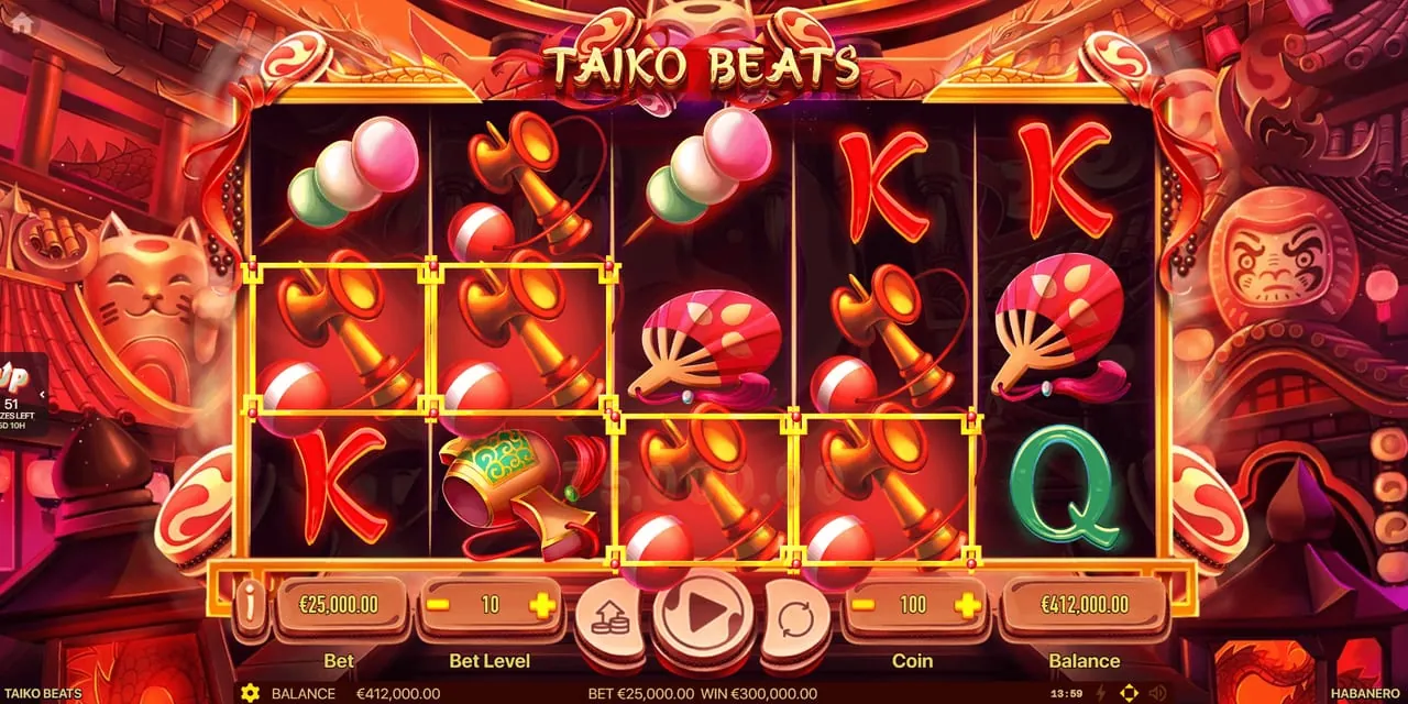 Taiko Beats: The base game at a bet of €25,000.00 (bet level 10, coin 100): kendama toys...