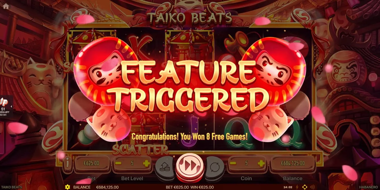 Taiko Beats: The FEATURE TRIGGERED banner between two red daruma dolls and two lucky...