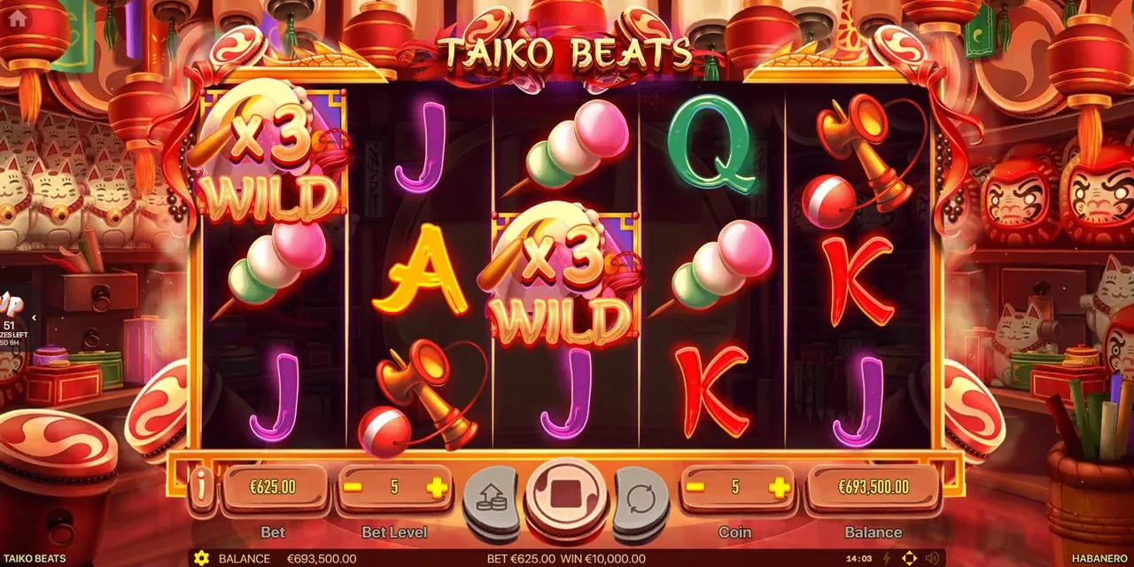 Taiko Beats: The free games, in front of shelves of lucky cats and daruma dolls: two x3...