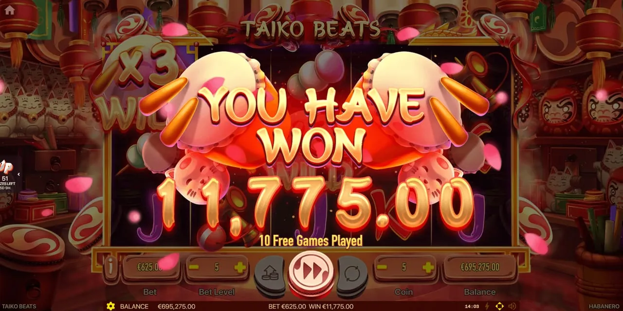 Taiko Beats: The closing banner of a feature, two taiko drums beside 'YOU HAVE WON...
