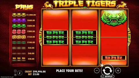 Triple Tigers: The same spin in motion: the three reels spin and stop one after another on...