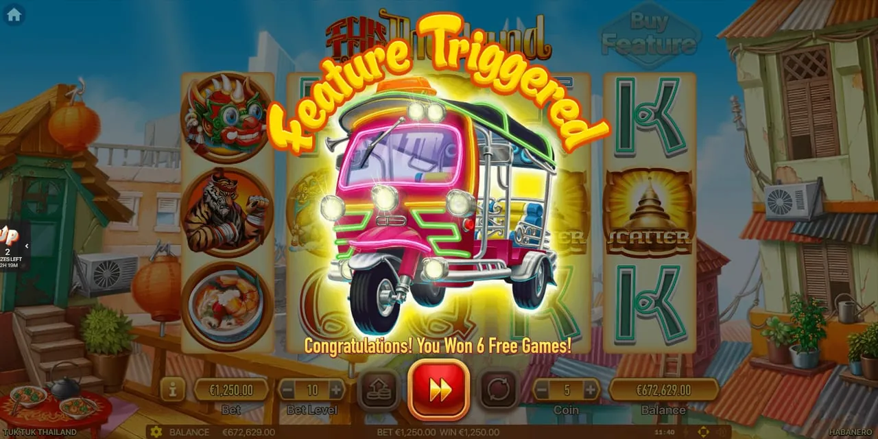 Tuk Tuk Thailand: The 'Feature Triggered' banner: a pink tuk tuk with neon trim over the reels...