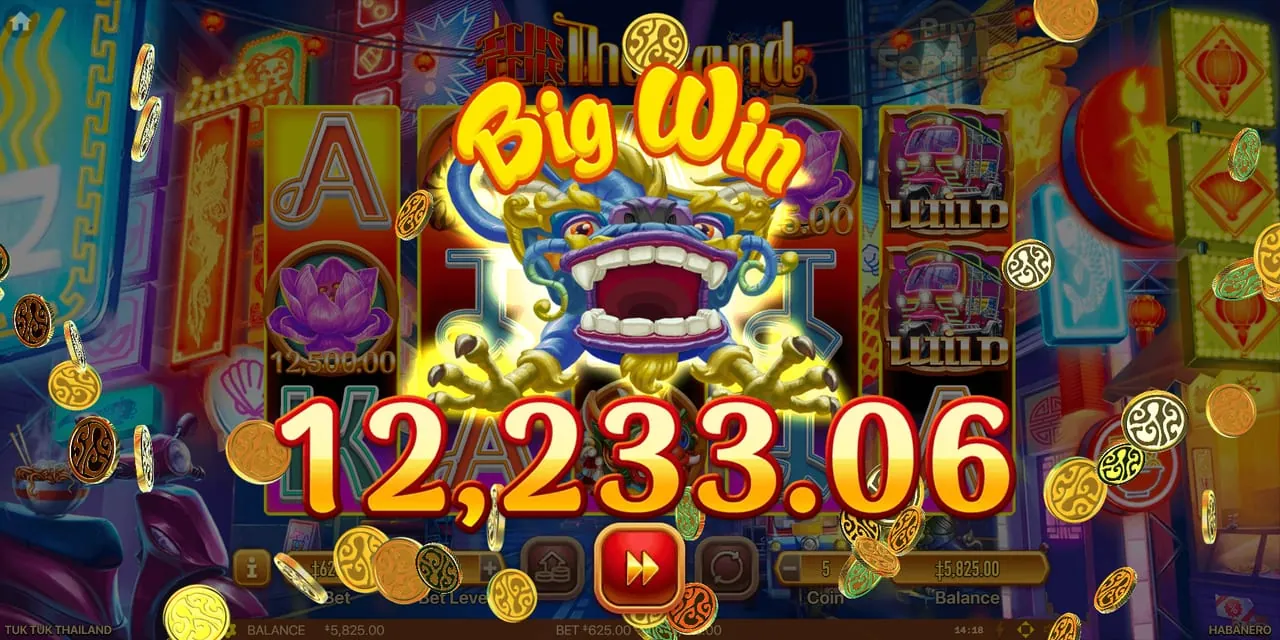 Tuk Tuk Thailand: A 'Big Win' banner reading 12,233.06 over the night-street reels, with two...