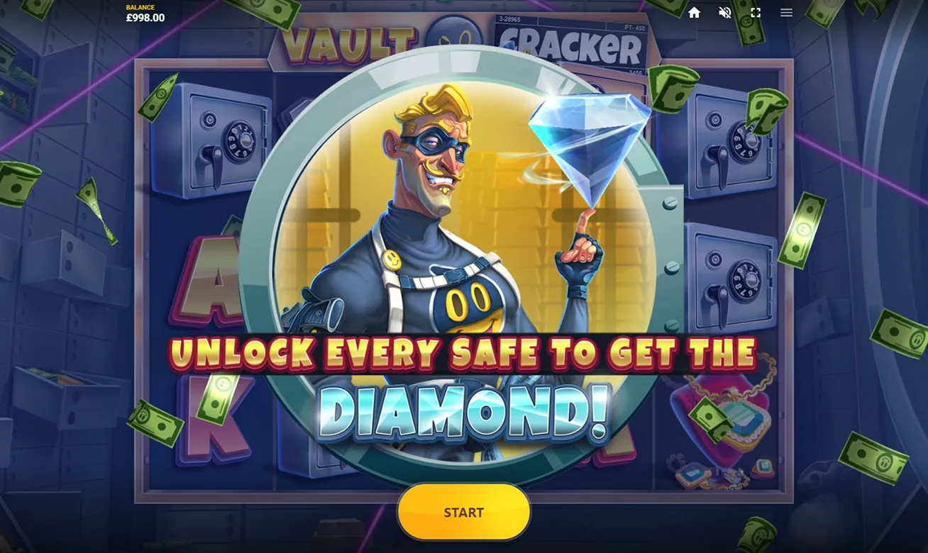 Vault Cracker: Red Tiger's own screenshot at a £998.00 balance: a masked robber balances a...