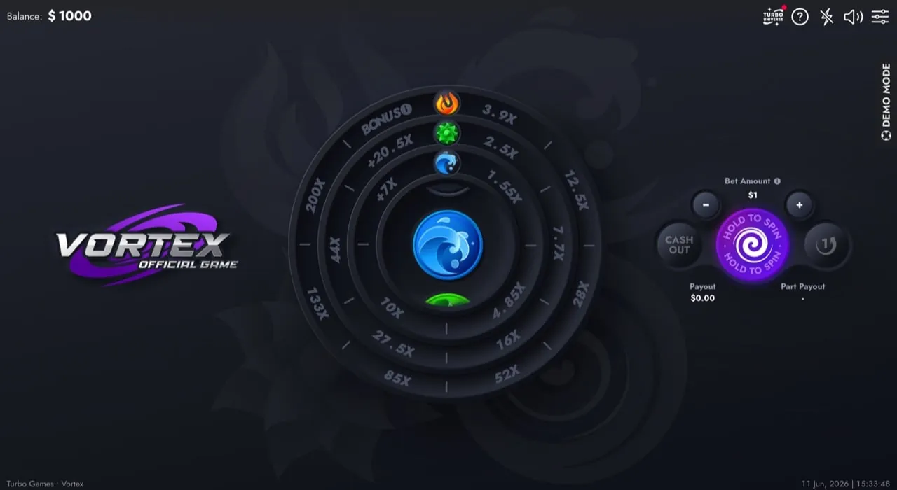 Vortex: The studio's own screenshot of Vortex with no ring lit, in dollars (Balance...