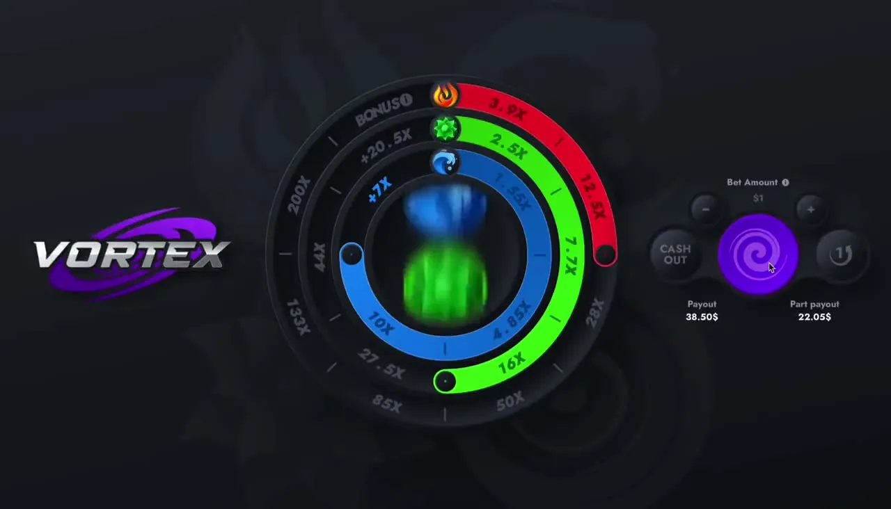Vortex: A frame of the studio's How to play video at a $1 bet: the blue ring lit to...