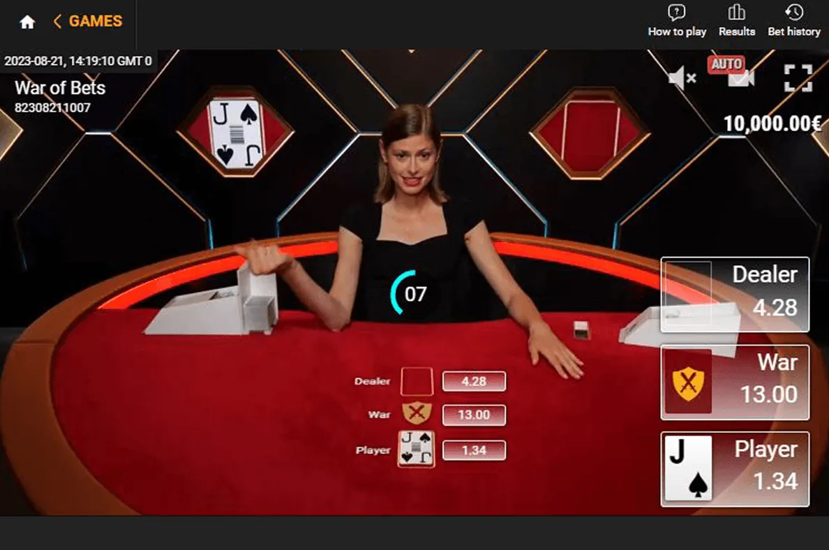 War of Bets: BetGames' screenshot of a War of Bets second betting round, draw 82308211007...
