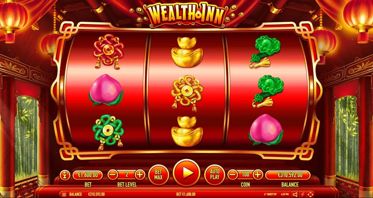 Wealth Inn: The base game on Habanero's curved three-reel drum: a red knot, a peach and...