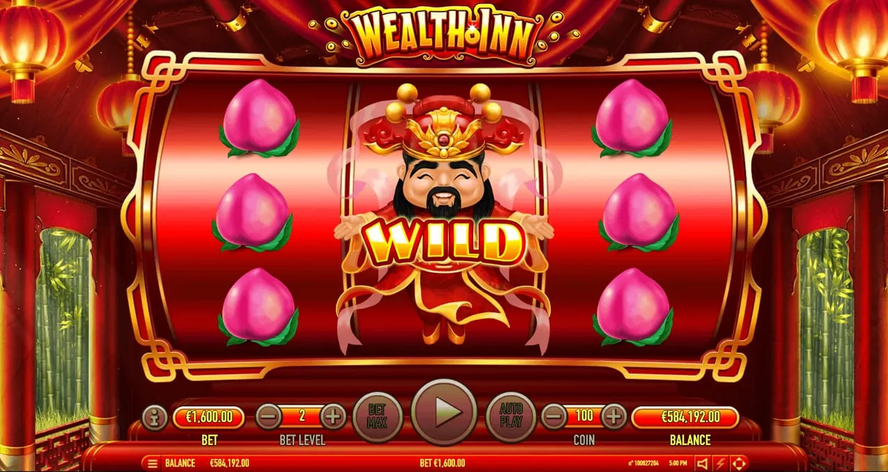 Wealth Inn: Cai Shen, the wild, covering the whole middle reel, with a peach in every...