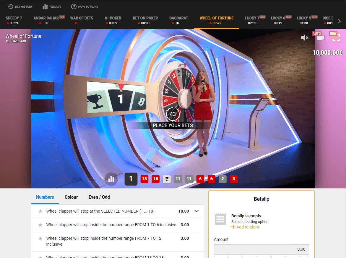 Wheel of Fortune: BetGames' own screenshot of the betting screen: a presenter in red beside...