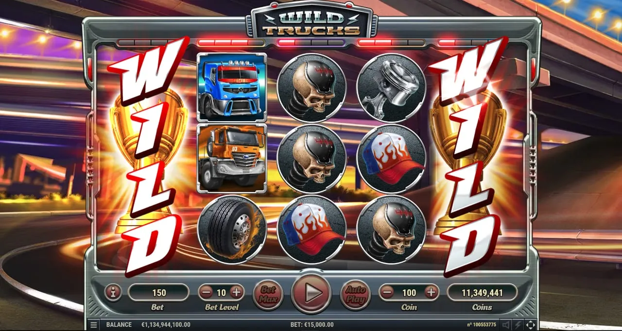 Wild Trucks: Gold WILD trophies cover reels one and five from top to bottom, with a blue...