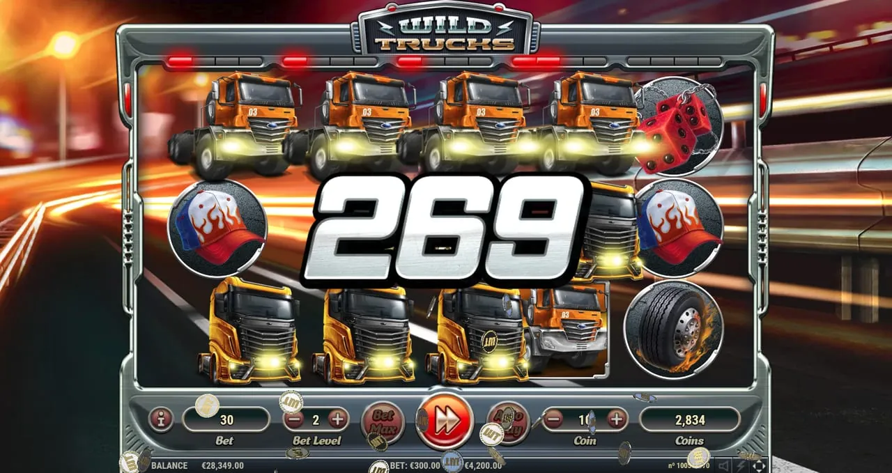 Wild Trucks: Orange trucks along the top row from reel one to reel four and yellow trucks...