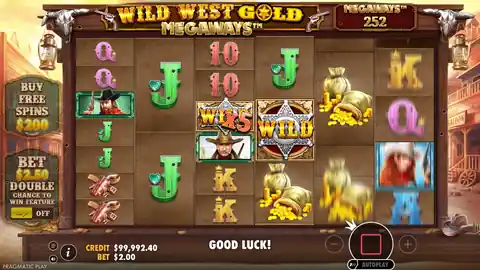 Wild West Gold Megaways: One base-game spin at the demo's $2.00 bet: a wild marked x5 lands on the...