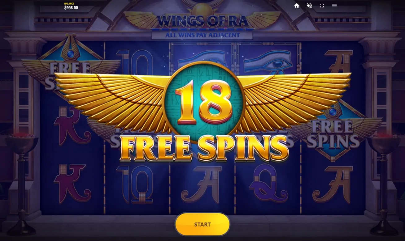 Wings of Ra: Red Tiger's own screenshot with a $998.00 balance: an '18 FREE SPINS' banner...