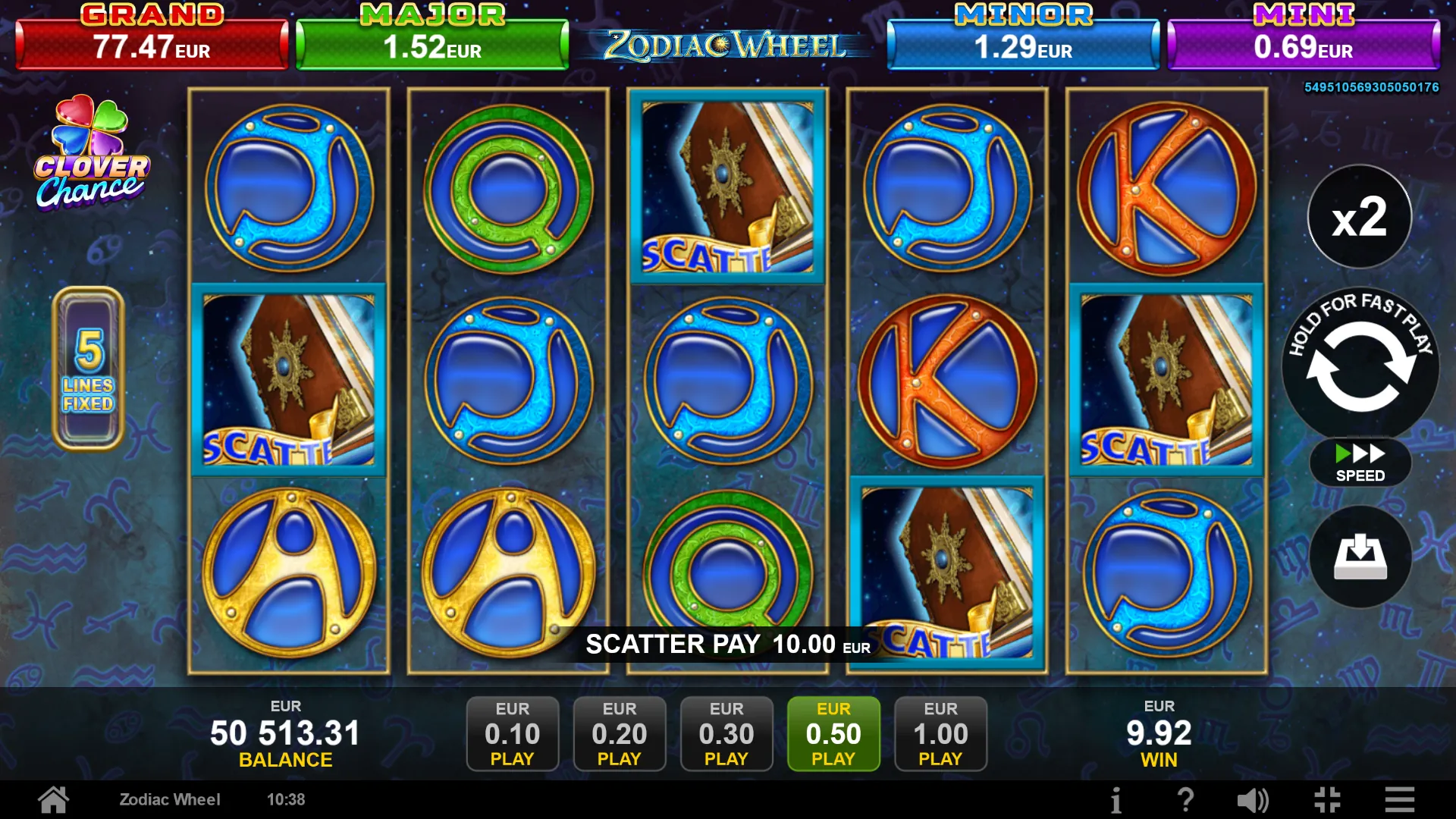 Zodiac Wheel: Four book scatters, on reels one, three, four and five, sit in blue frames....